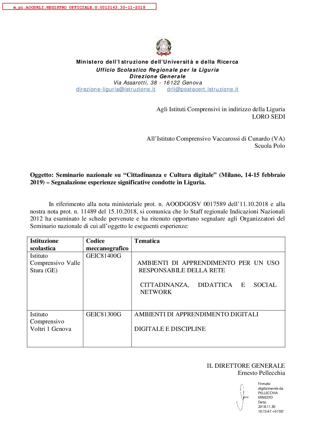 MIUR-Segnalazione esperienze significative condotte in Liguria