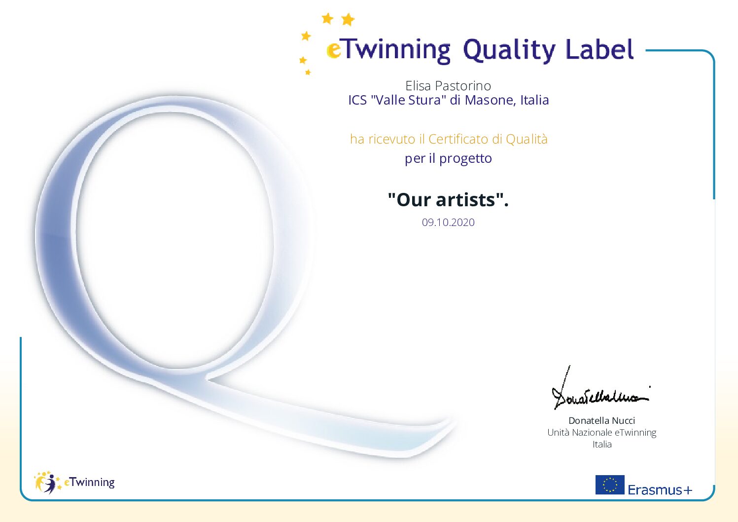 Certificato di Qualità del Progetto 'Our Artists' dal Team eTwinning (pdf)