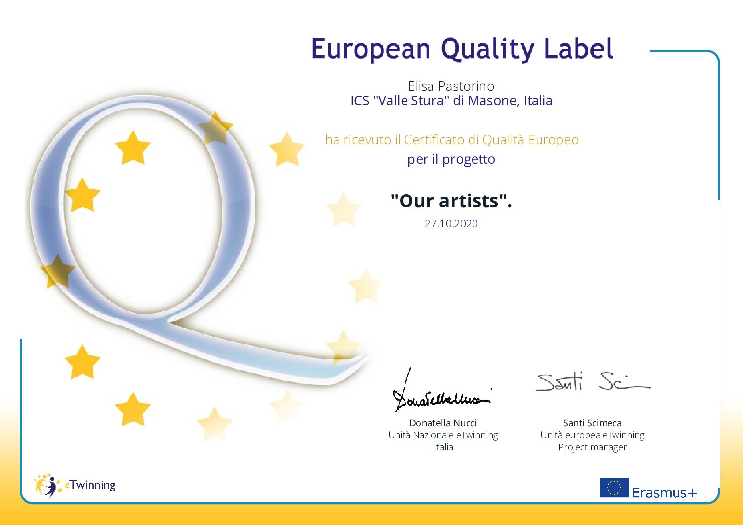 Certificato di qualità europeo progetto "Our artists"