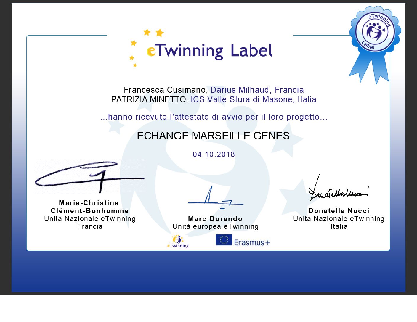 Certificato di avvio del Progetto 'Giocando con eTwinning e pillole di Emile'