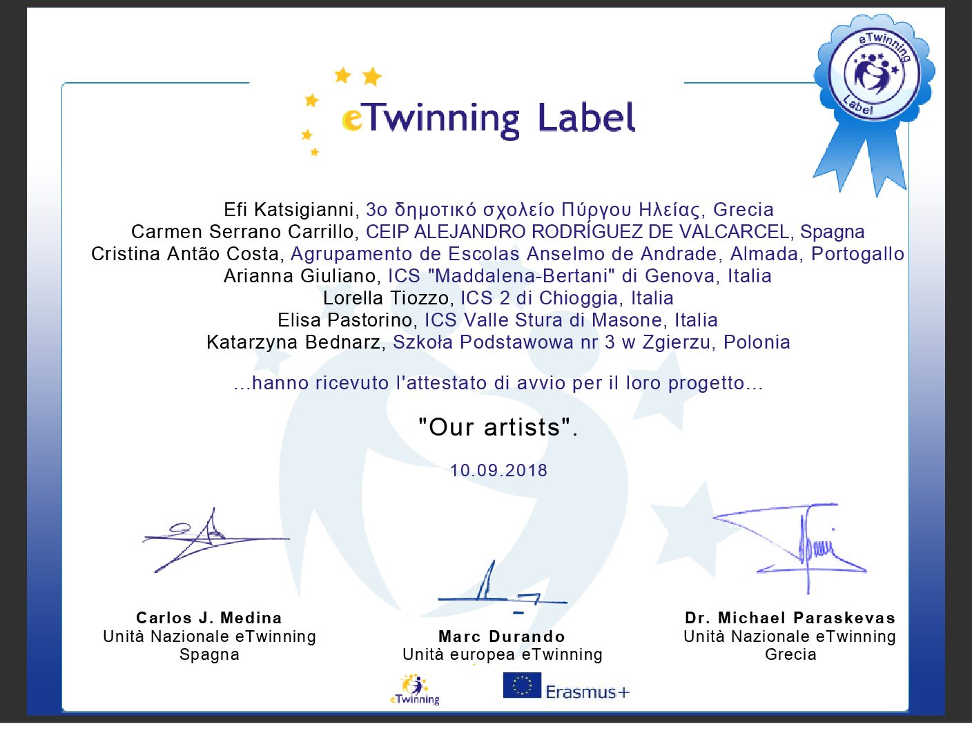 Certificato di avvio del Progetto ‘Our Artists’ dal Team eTwinning (pdf)